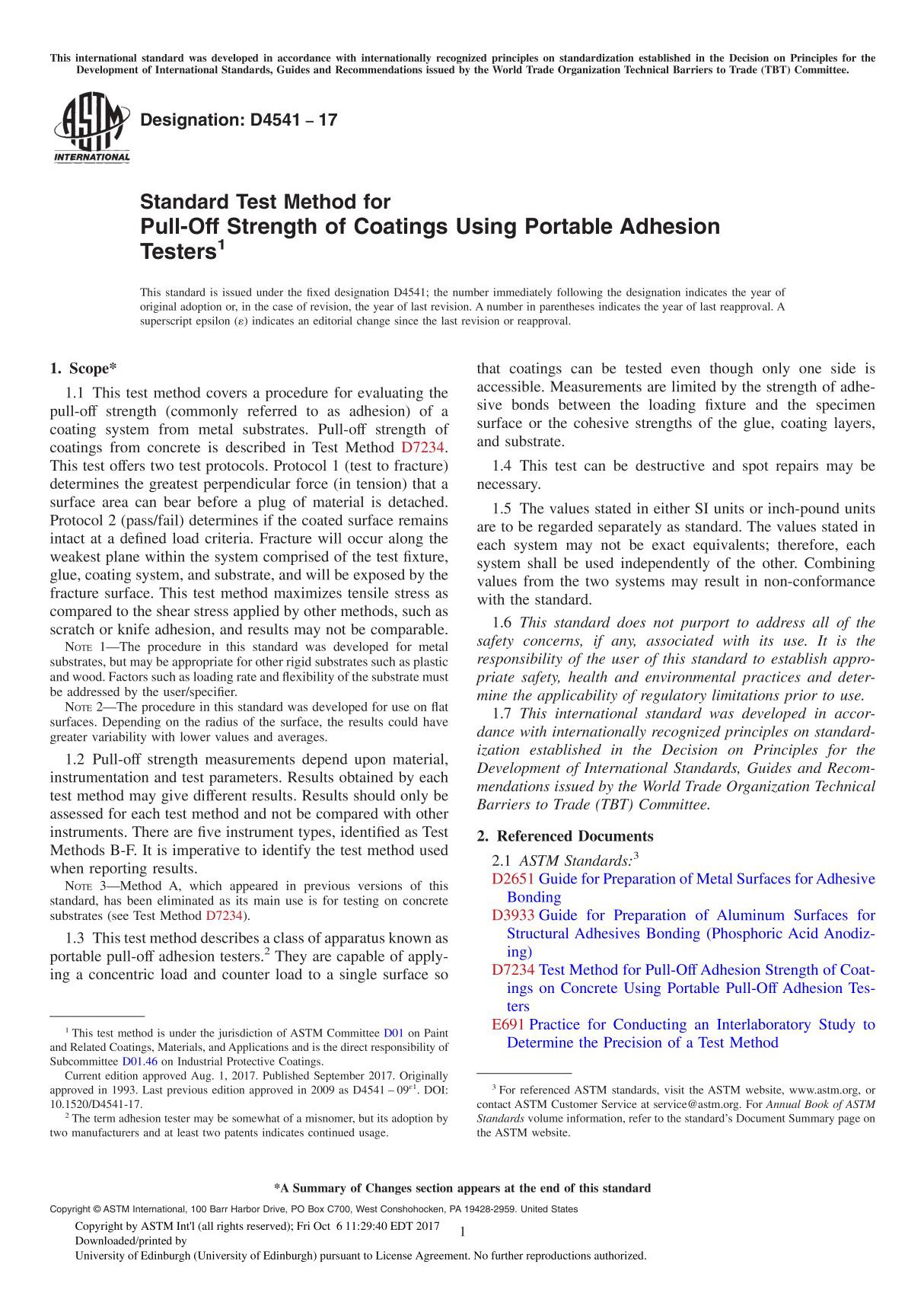 ASTM D4541-17 Standard Test Method for Pull-Off Strength of Coatings Using Portable Adhesion Tester