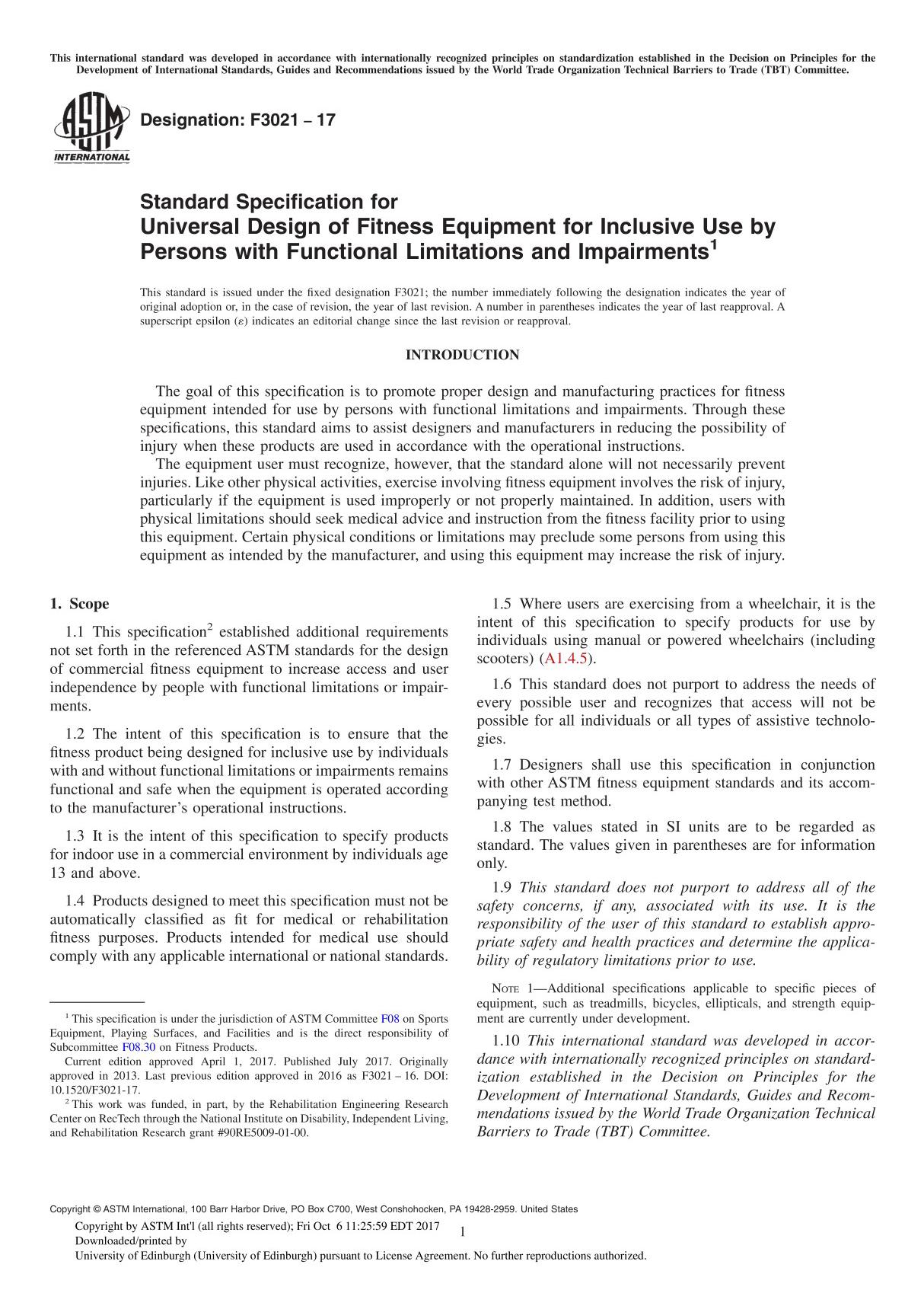 ASTM F3021-17 Standard Specification for Universal Design of Fitness Equipment for Inclusive Use by Persons with Functional Limi