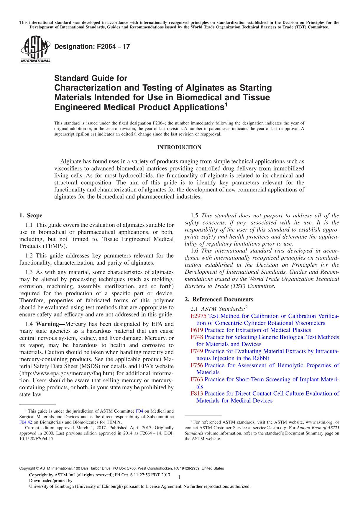 ASTM F2064-17 Standard Guide for Characterization and Testing of Alginates as Starting Materials Intended for Use in Biomedical