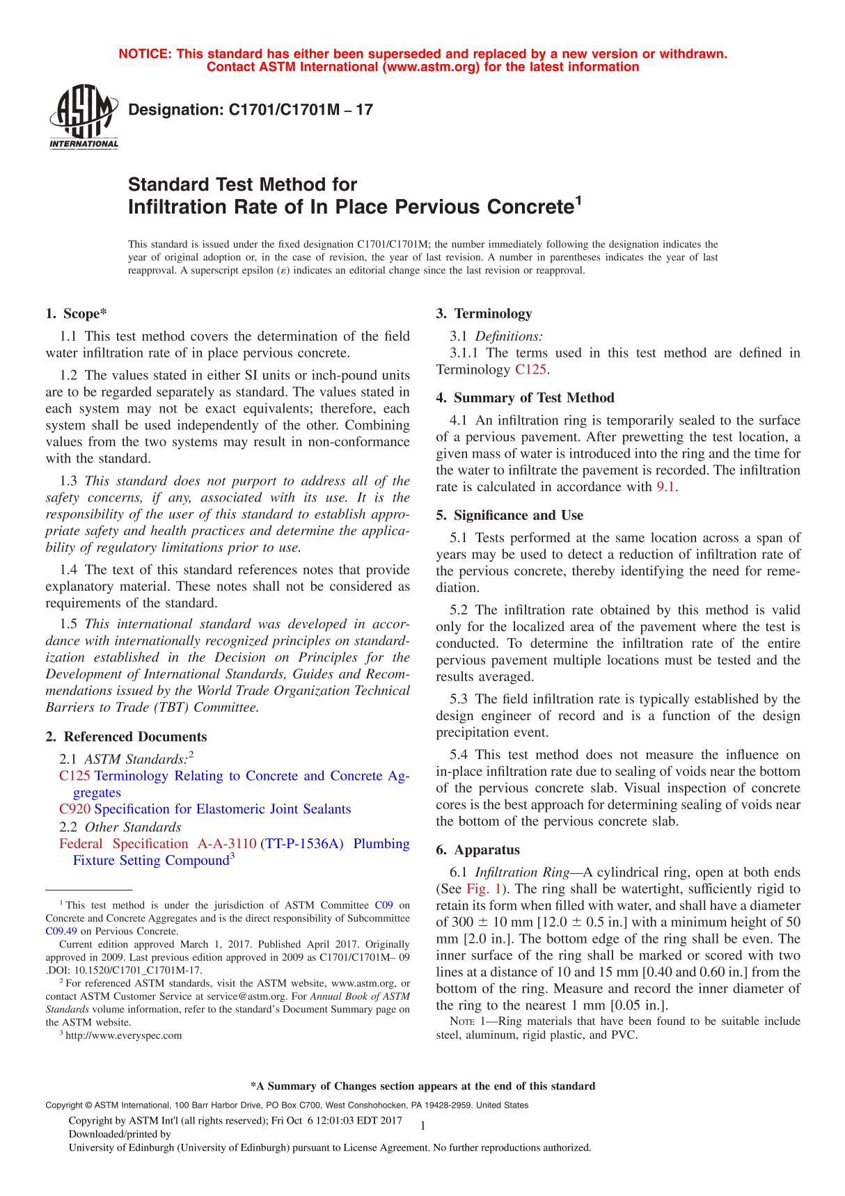 ASTM C1701 C1701M - 17 Standard Test Method for Infiltration Rate of In Place Pervious Concrete