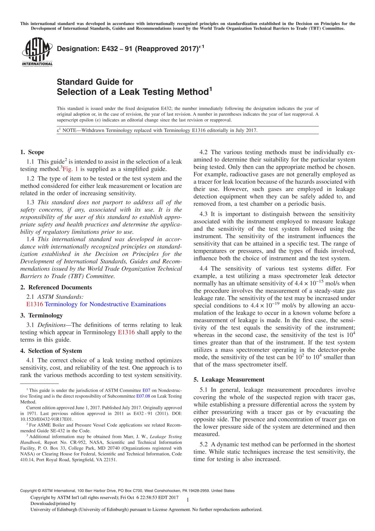 ASTM E432-91(2017)e1 Standard Guide for Selection of a Leak Testing Method