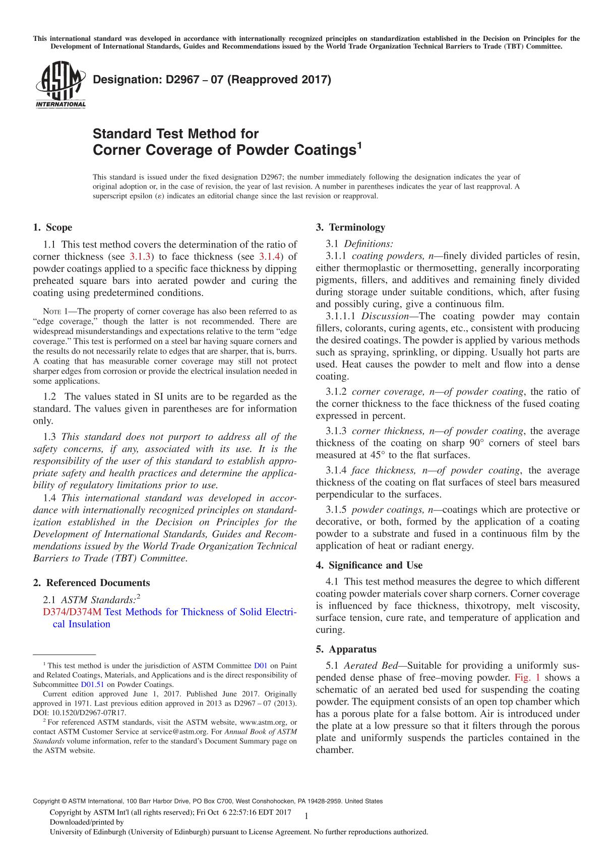 ASTM D2967-07(2017) Standard Test Method for Corner Coverage of Powder Coating