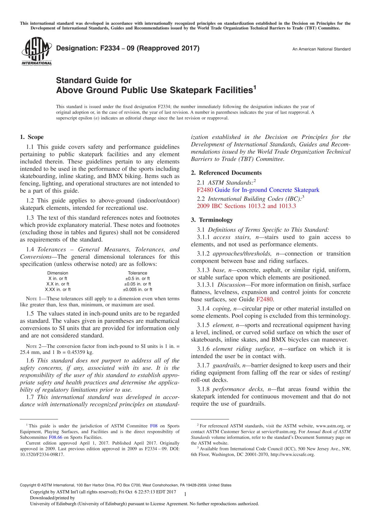 ASTM F2334-09(2017) Standard Guide for Above Ground Public Use Skatepark Facilitie