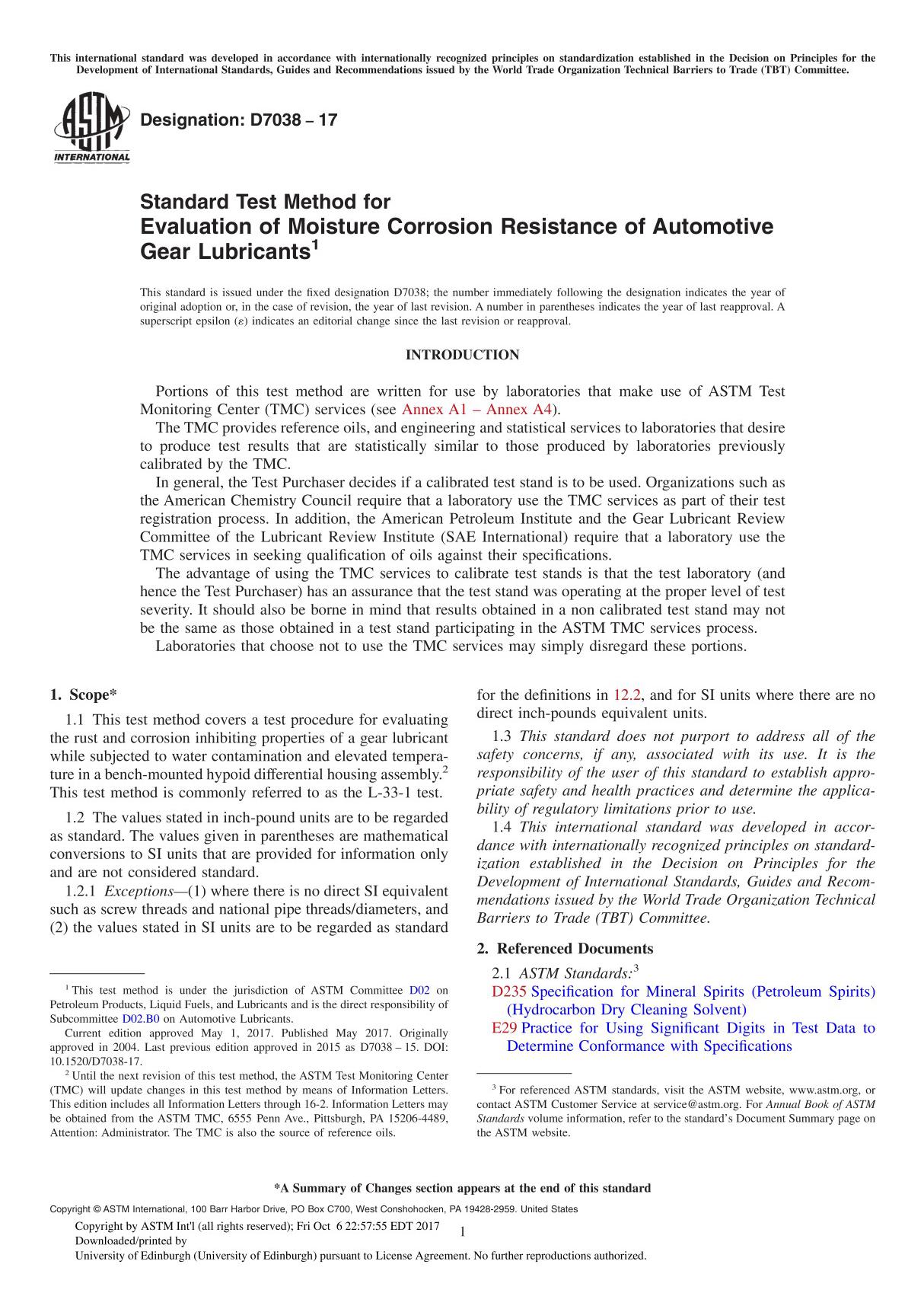 ASTM D7038-17 Standard Test Method for Evaluation of Moisture Corrosion Resistance of Automotive Gear Lubricant