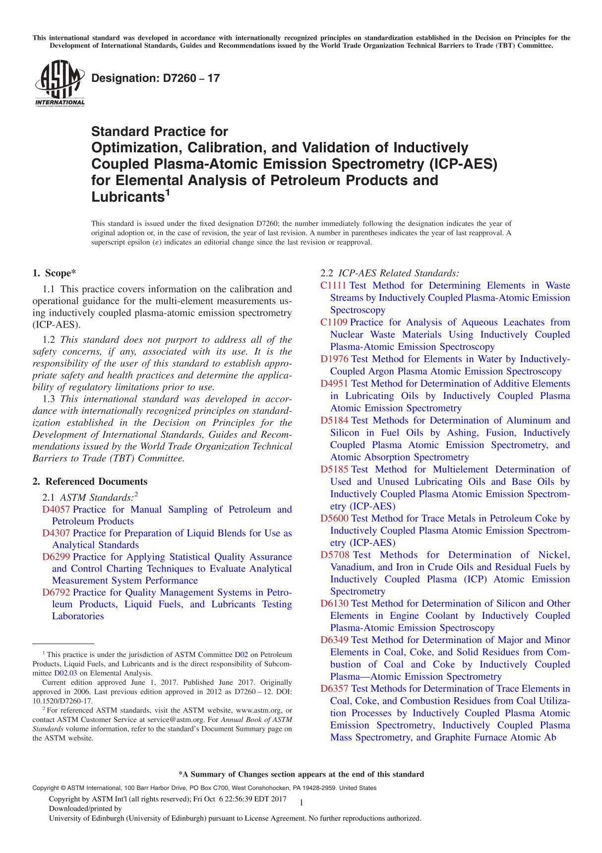 ASTM D7260-17 Standard Practice for Optimization, Calibration, and Validation of Inductively Coupled Plasma-Atomic Emission Spec