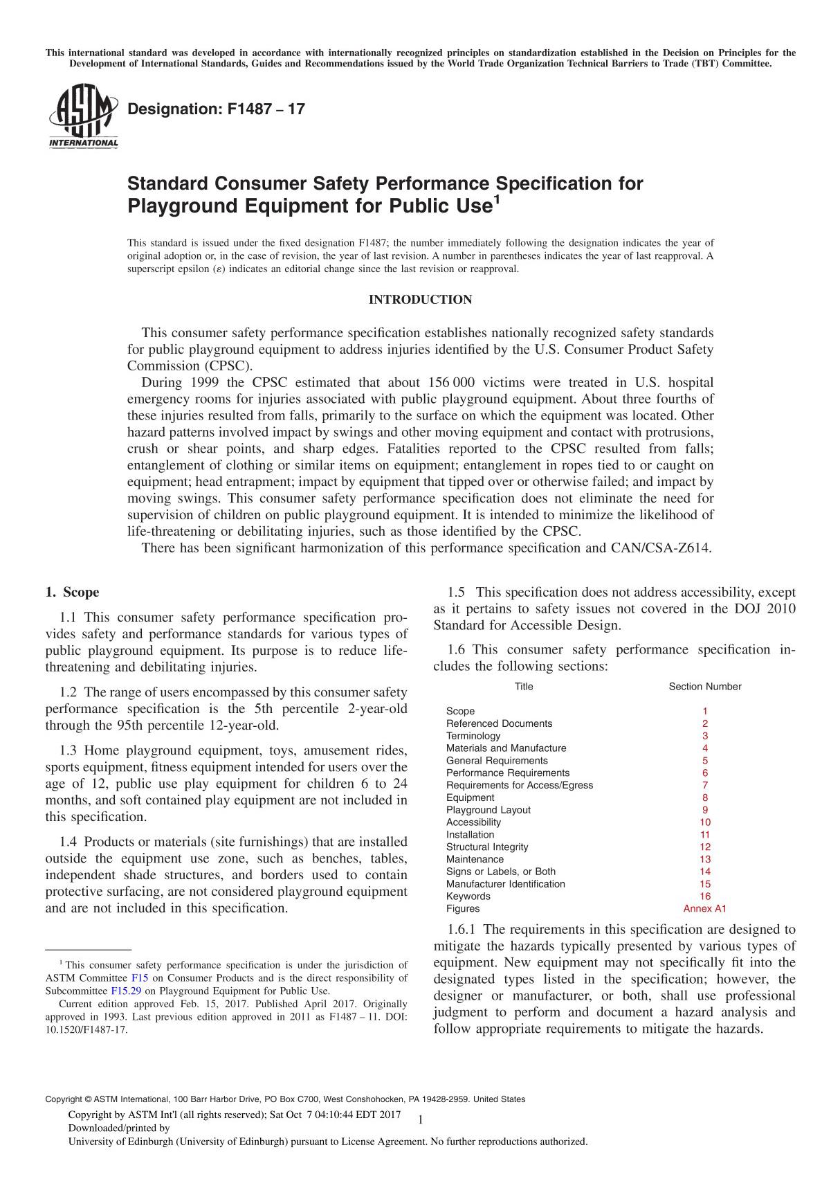 ASTM F1487-17 Standard Consumer Safety Performance Specification for Playground Equipment for Public Use