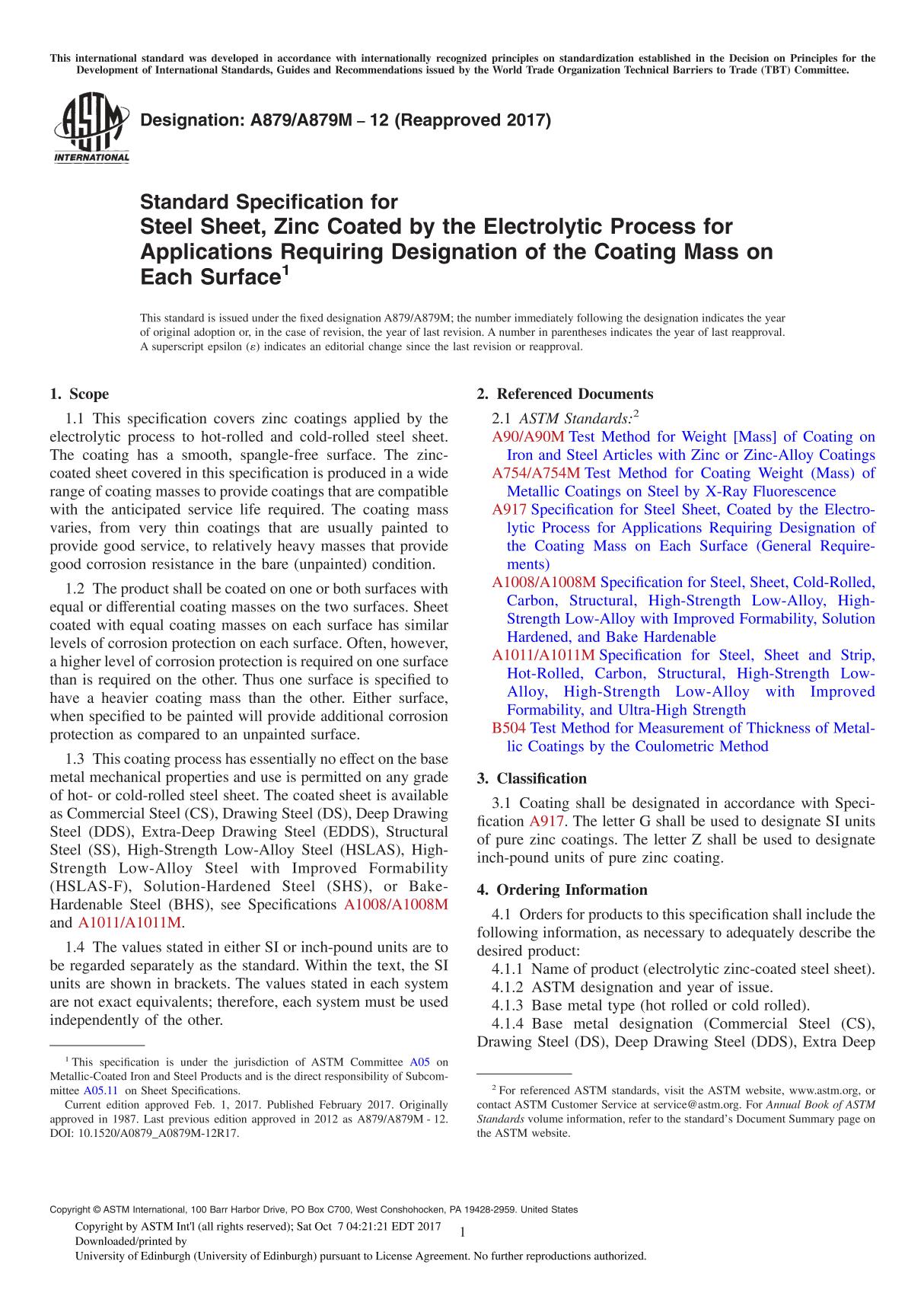 ASTM A879A879M-12(2017) Standard Specification for Steel Sheet, Zinc Coated by the Electrolytic Process for Applications Requiri