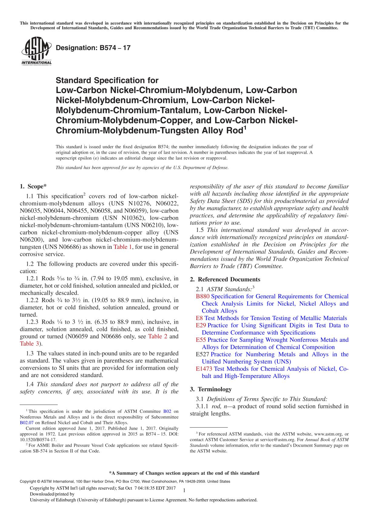 ASTM B574-17 Standard Specification for Low-Carbon Nickel-Chromium-Molybdenum, Low-Carbon Nickel-Molybdenum-Chromium, Low-Carbon