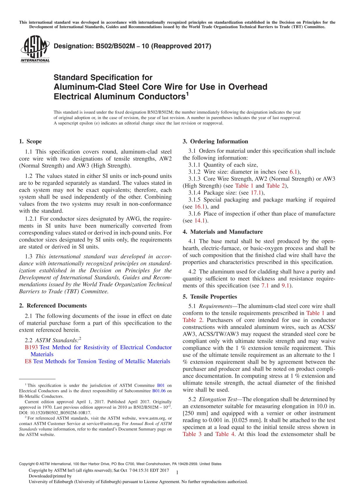 ASTM B502B502M-10(2017) Standard Specification for Aluminum-Clad Steel Core Wire for Use in Overhead Electrical Aluminum Conduct