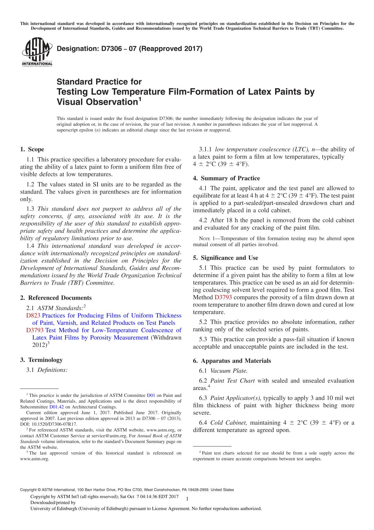 ASTM D7306-07(2017) Standard Practice for Testing Low Temperature Film-Formation of Latex Paints by Visual Observation