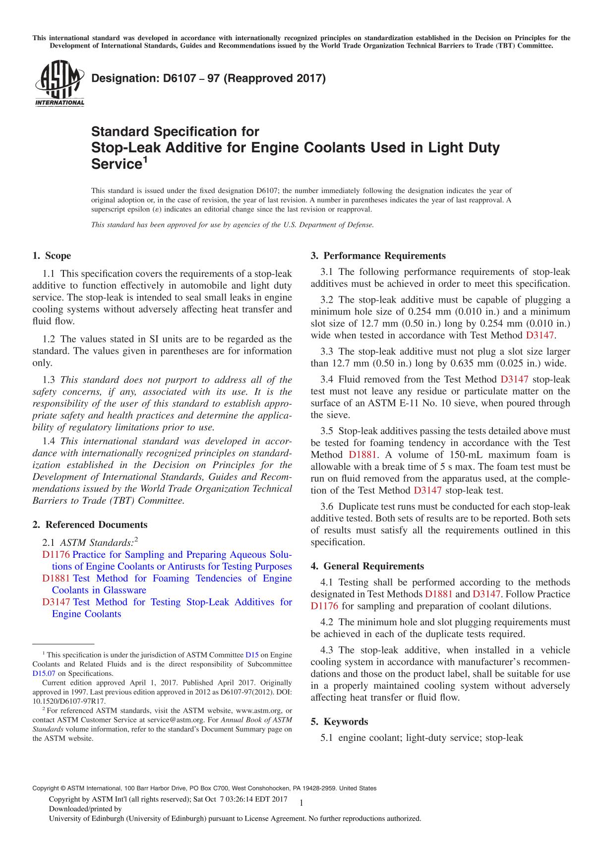 ASTM D6107-97(2017) Standard Specification for Stop-Leak Additive for Engine Coolants Used in Light Duty Service