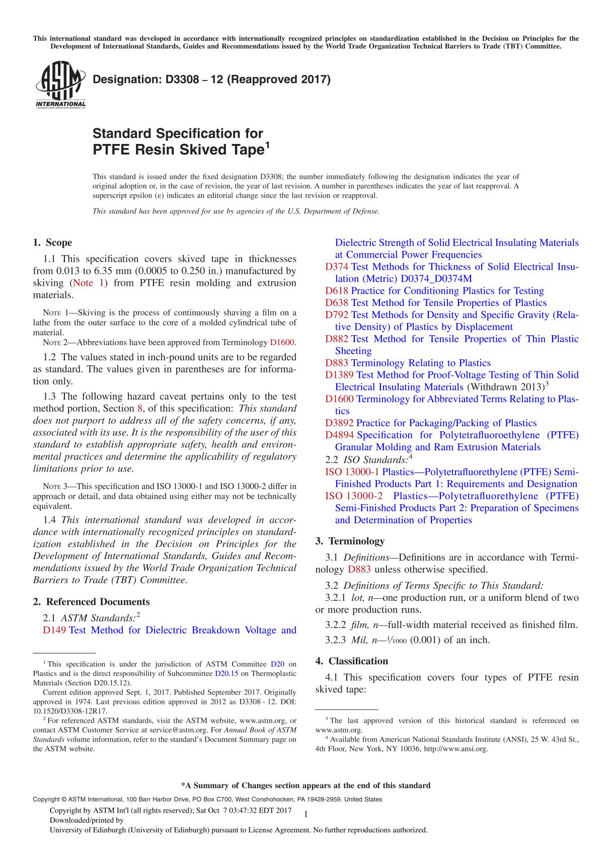 ASTM D3308-12(2017) Standard Specification for PTFE Resin Skived Tape