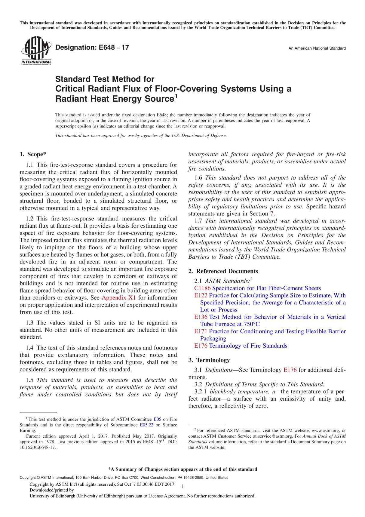 ASTM E648-17 Standard Test Method for Critical Radiant Flux of Floor-Covering Systems Using a Radiant Heat Energy Source