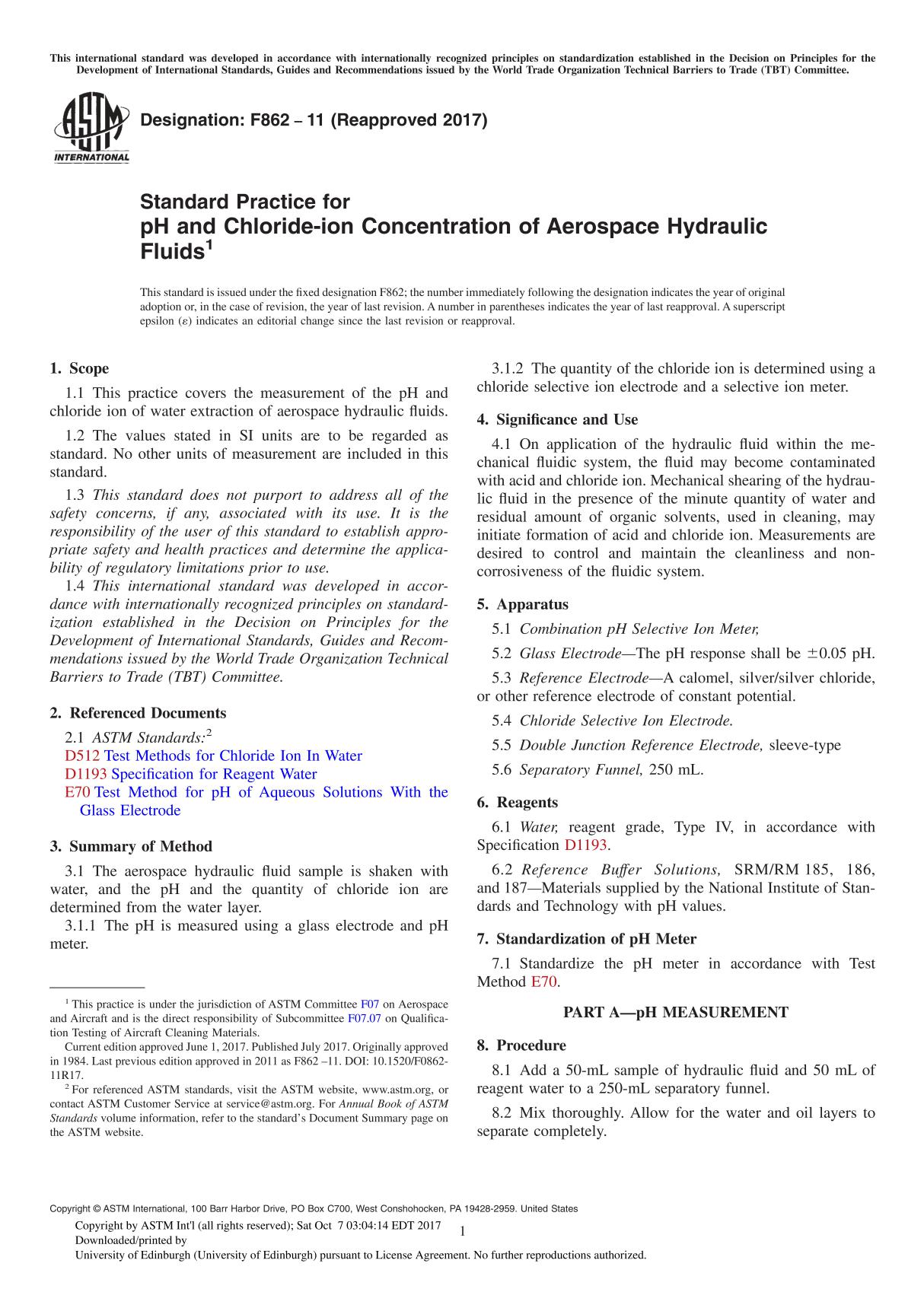 ASTM F862-11(2017) Standard Practice for pH and Chloride-ion Concentration of Aerospace Hydraulic Fluid