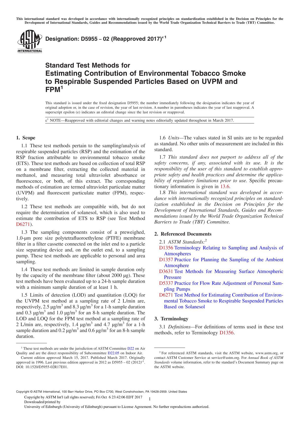 ASTM D5955-02(2017)e1 Standard Test Methods for Estimating Contribution of Environmental Tobacco Smoke to Respirable Suspended P