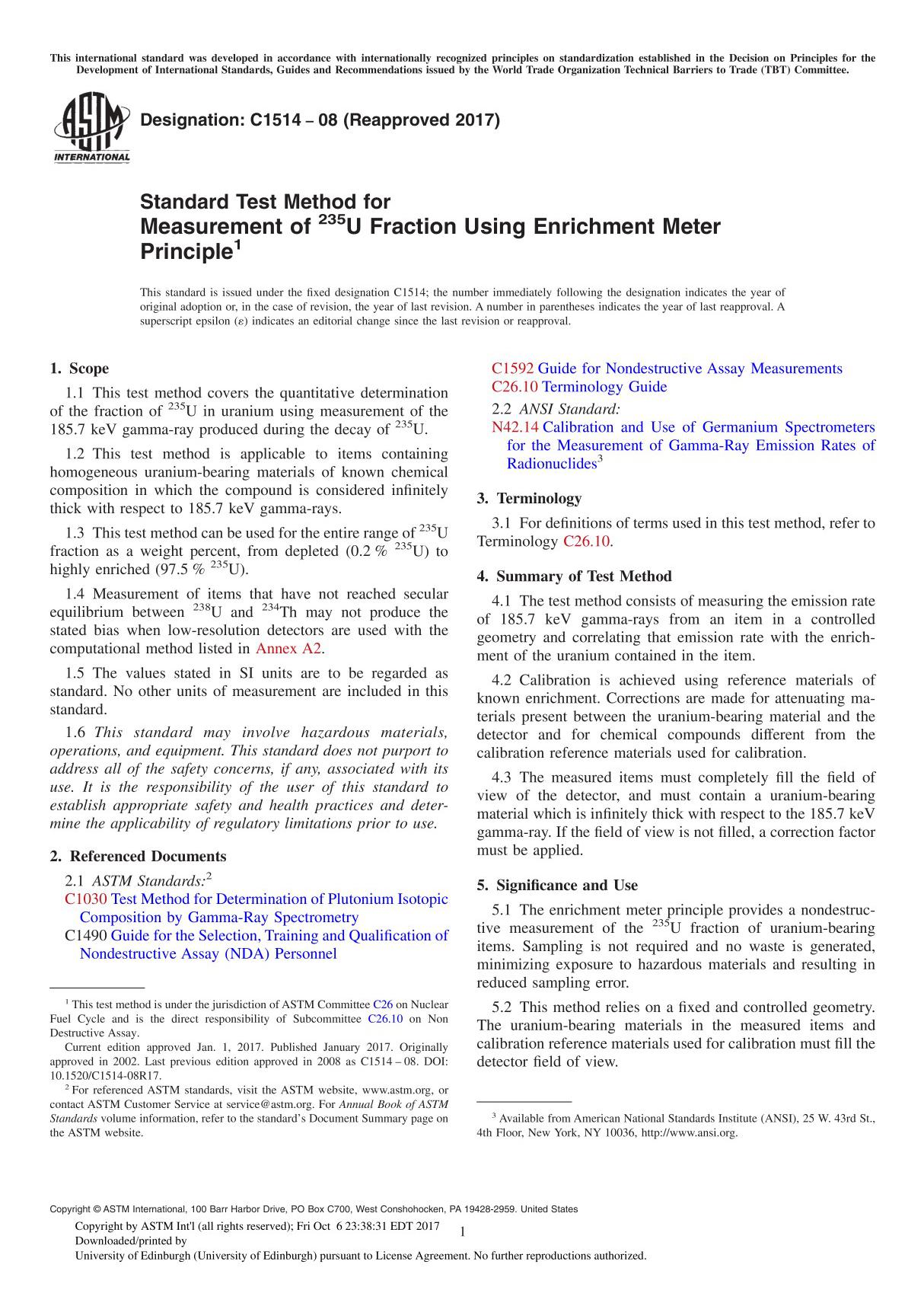 ASTM C1514-08(2017) Standard Test Method for Measurement of 235U Fraction Using Enrichment Meter Principle