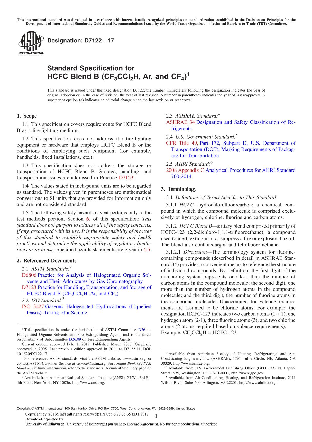 ASTM D7122-17 Standard Specification for HCFC Blend B (CF3CCl2H, Ar, and CF4)