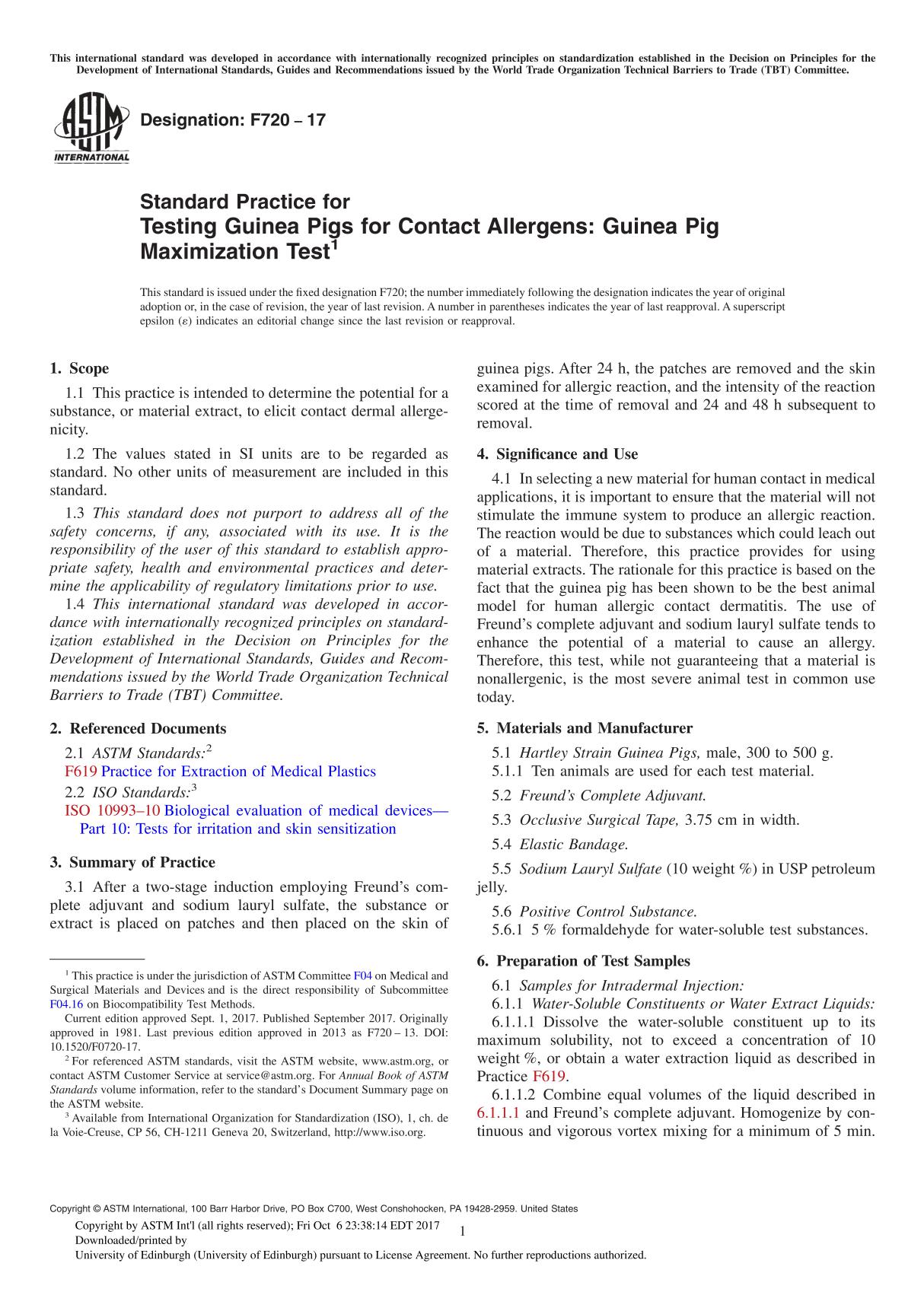 ASTM F720-17 Standard Practice for Testing Guinea Pigs for Contact Allergens Guinea Pig Maximization Test