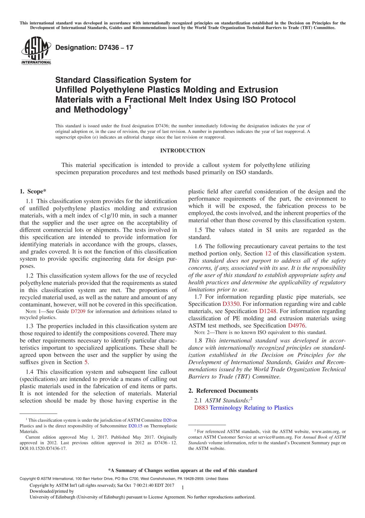 ASTM D7436-17 Standard Classification System for Unfilled Polyethylene Plastics Molding and Extrusion Materials with a Fractiona