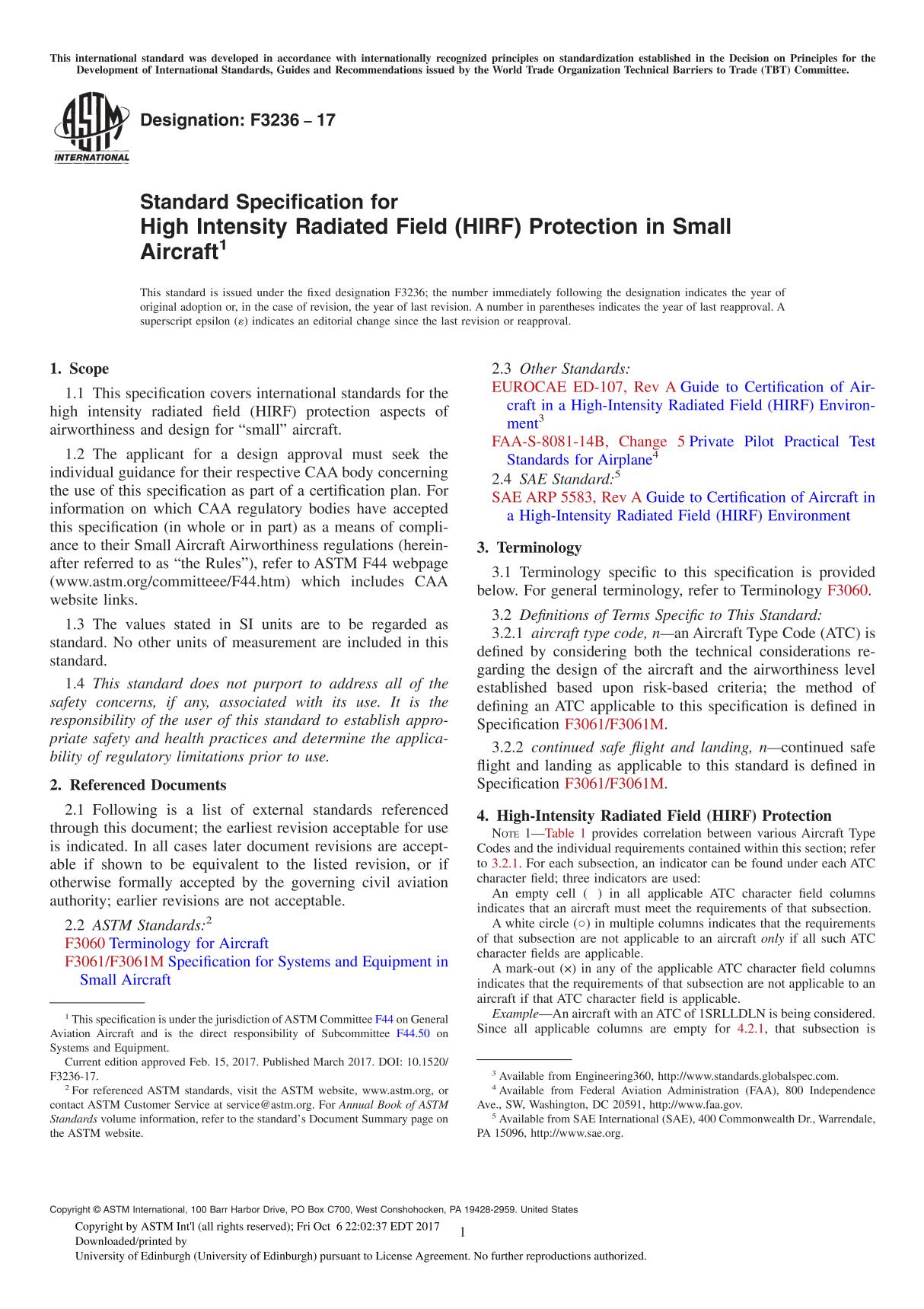 ASTM F3236-17 Standard Specification for High Intensity Radiated Field (HIRF) Protection in Small Aircraft