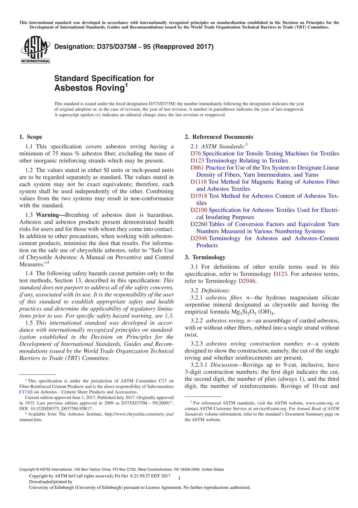 ASTM D375 D375M-95(2017) Standard Specification for Asbestos Roving