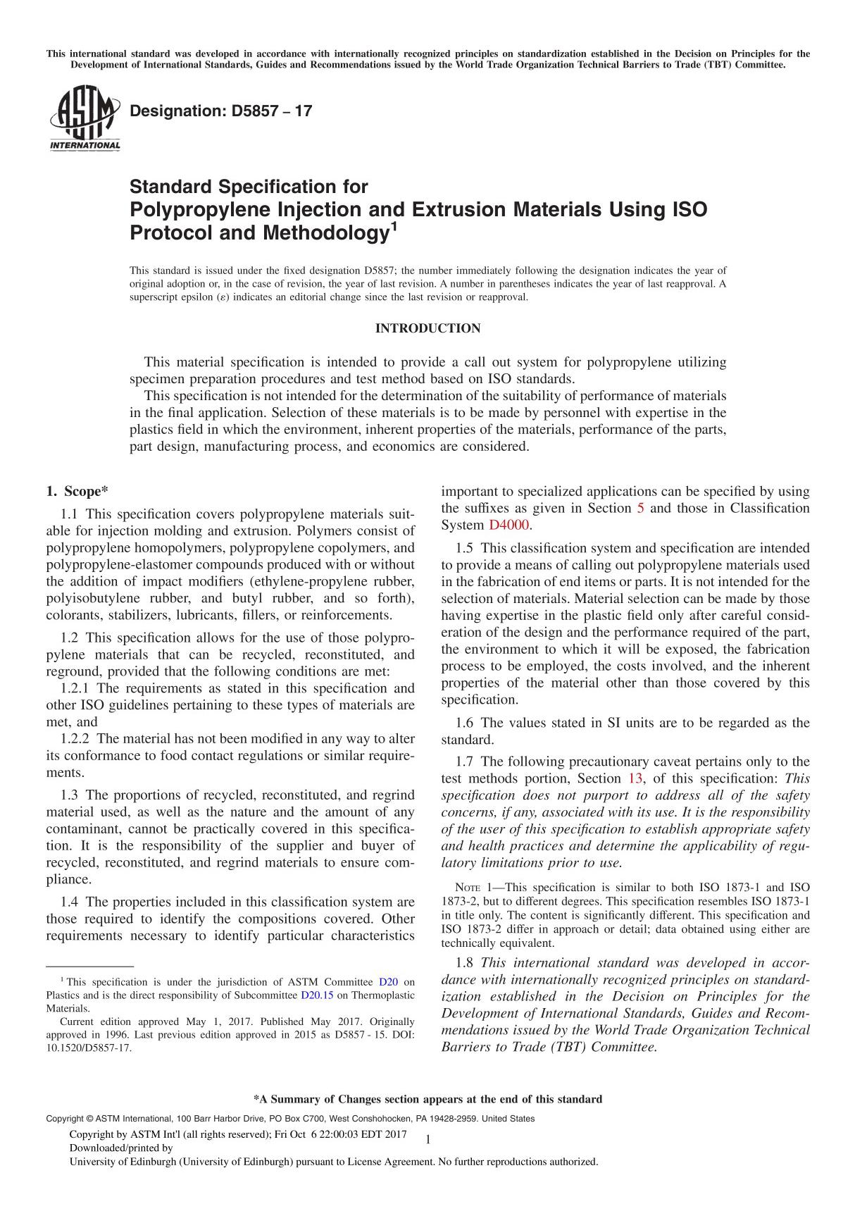 ASTM D5857-17 Standard Specification for Polypropylene Injection and Extrusion Materials Using ISO Protocol and Methodology