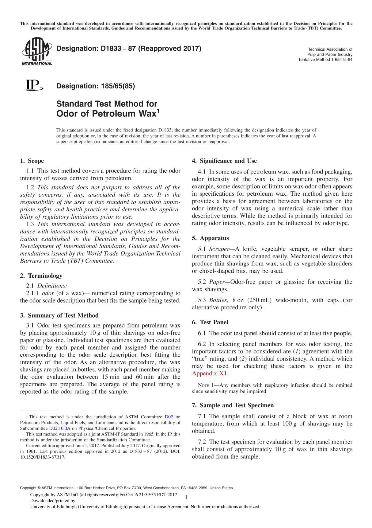 ASTM D1833-87(2017) Standard Test Method for Odor of Petroleum Wax