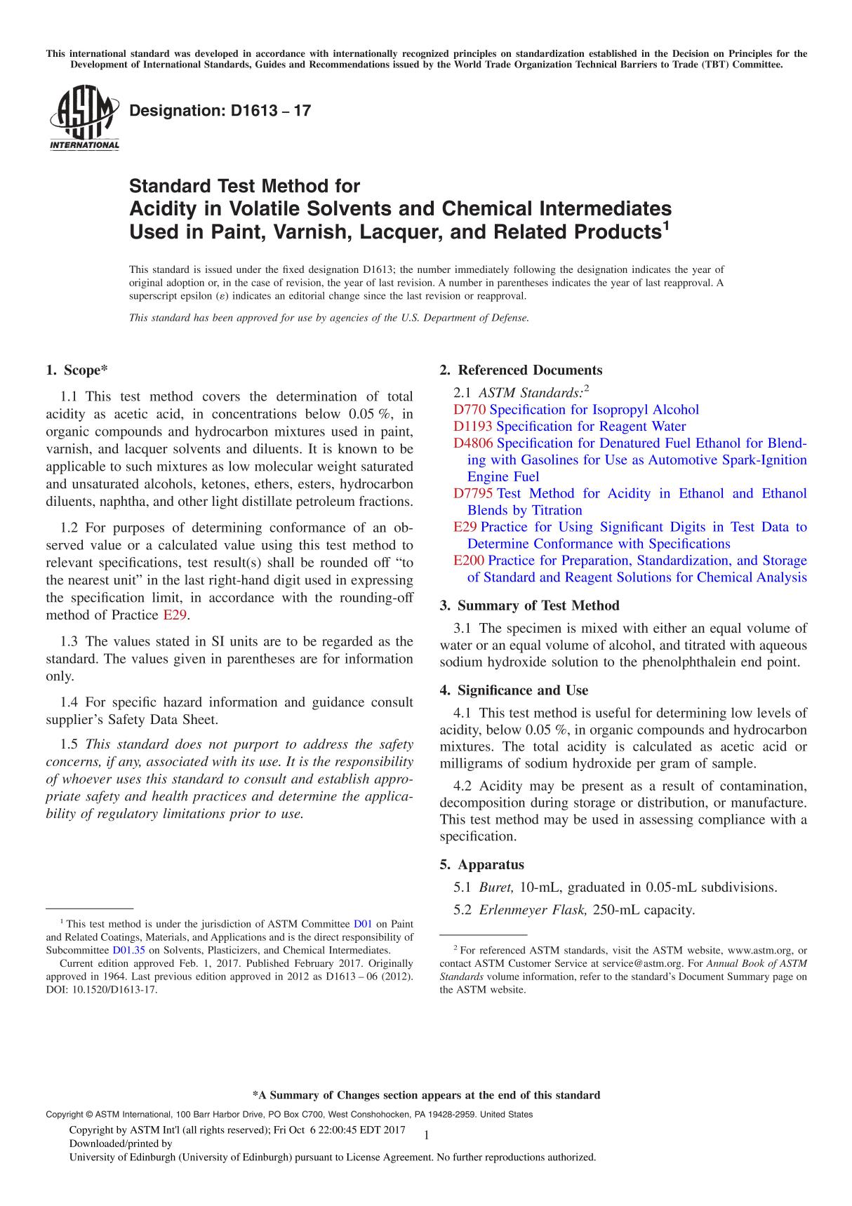 ASTM D1613-17 Standard Test Method for Acidity in Volatile Solvents and Chemical Intermediates Used in Paint, Varnish, Lacquer,