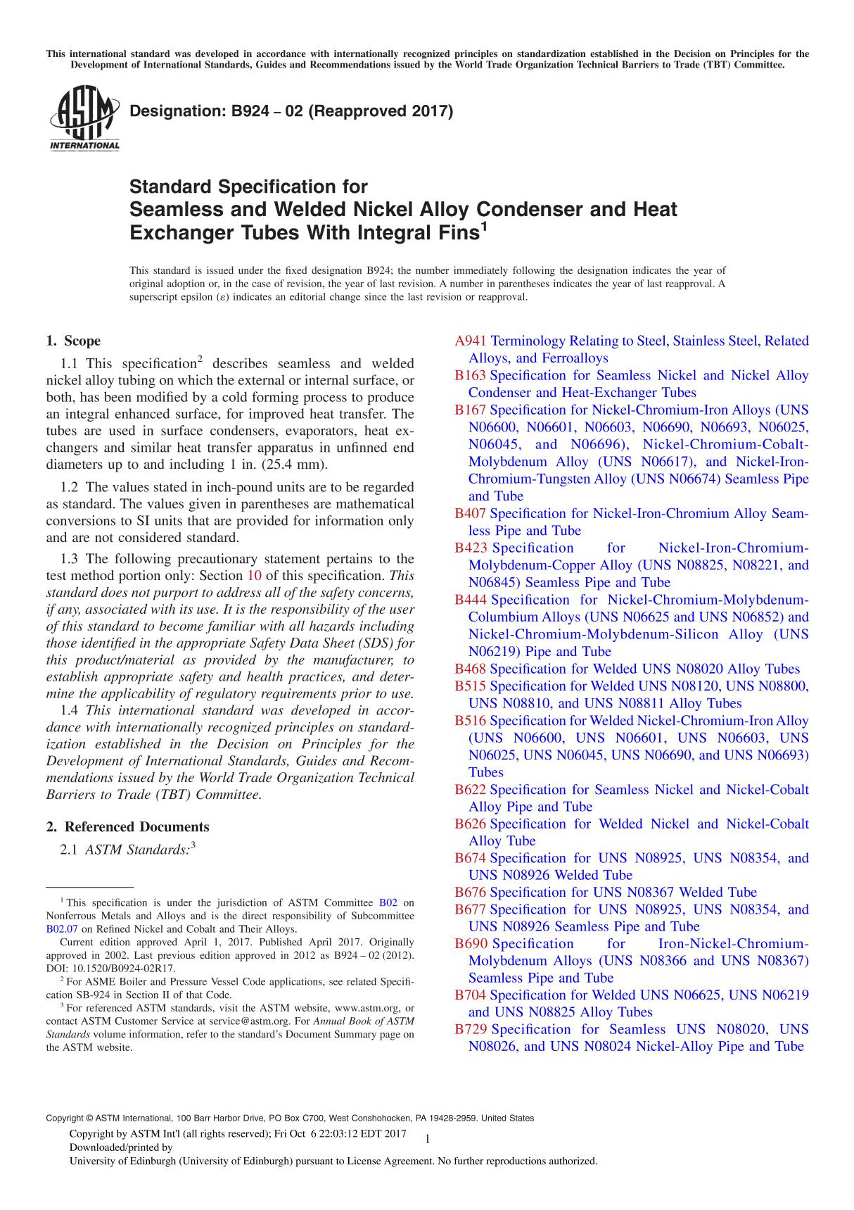 ASTM B924-02(2017) Standard Specification for Seamless and Welded Nickel Alloy Condenser and Heat Exchanger Tubes With Integral