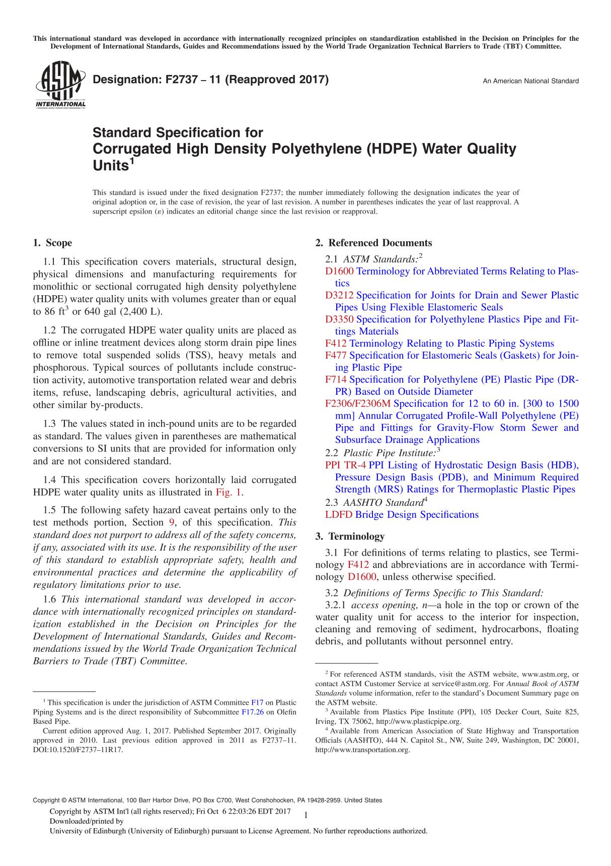 ASTM F2737-11(2017) Standard Specification for Corrugated High Density Polyethylene (HDPE) Water Quality Unit