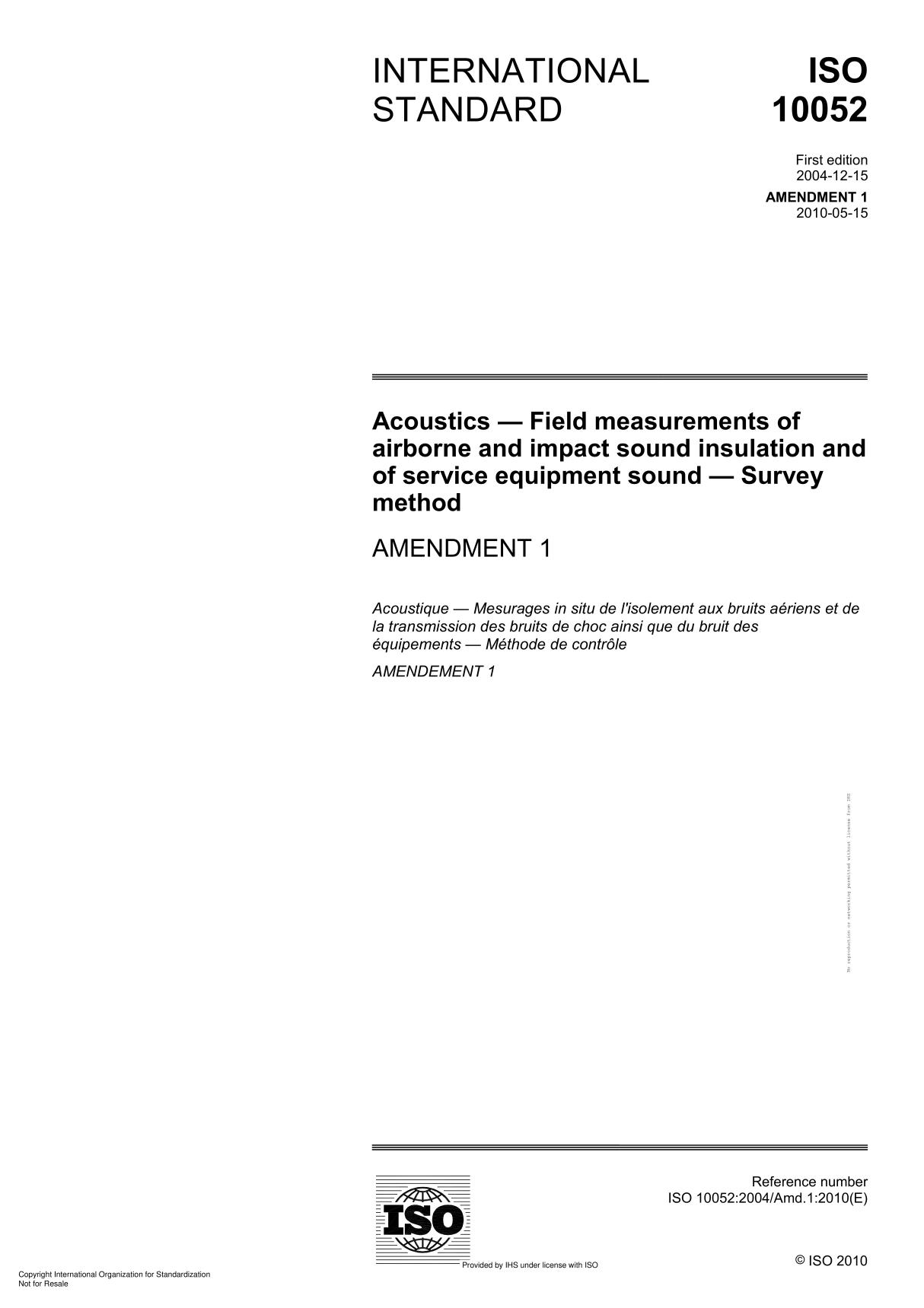 ISO 10052 Acoustics  Field measurements of airborne and impact sound insulation and of service equipment sound  Survey metho