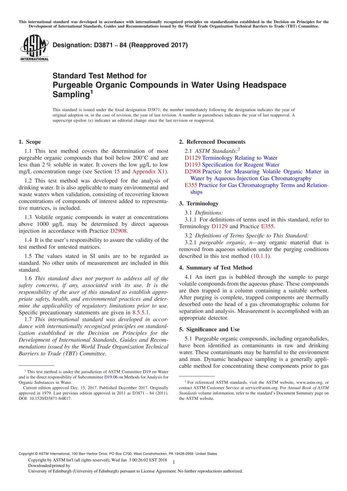 ASTM D3871-84(2017) Standard Test Method for Purgeable Organic Compounds in Water Using Headspace Sampling