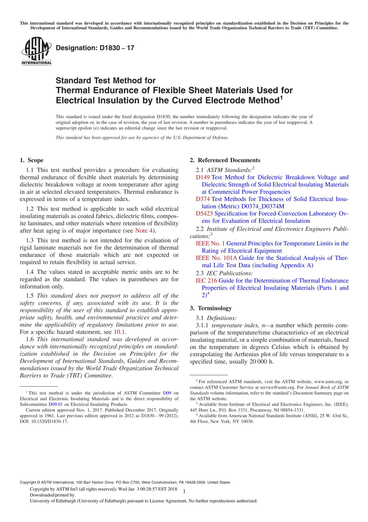 ASTM D1830-17 Standard Test Method for Thermal Endurance of Flexible Sheet Materials Used for Electrical Insulation by the Curve