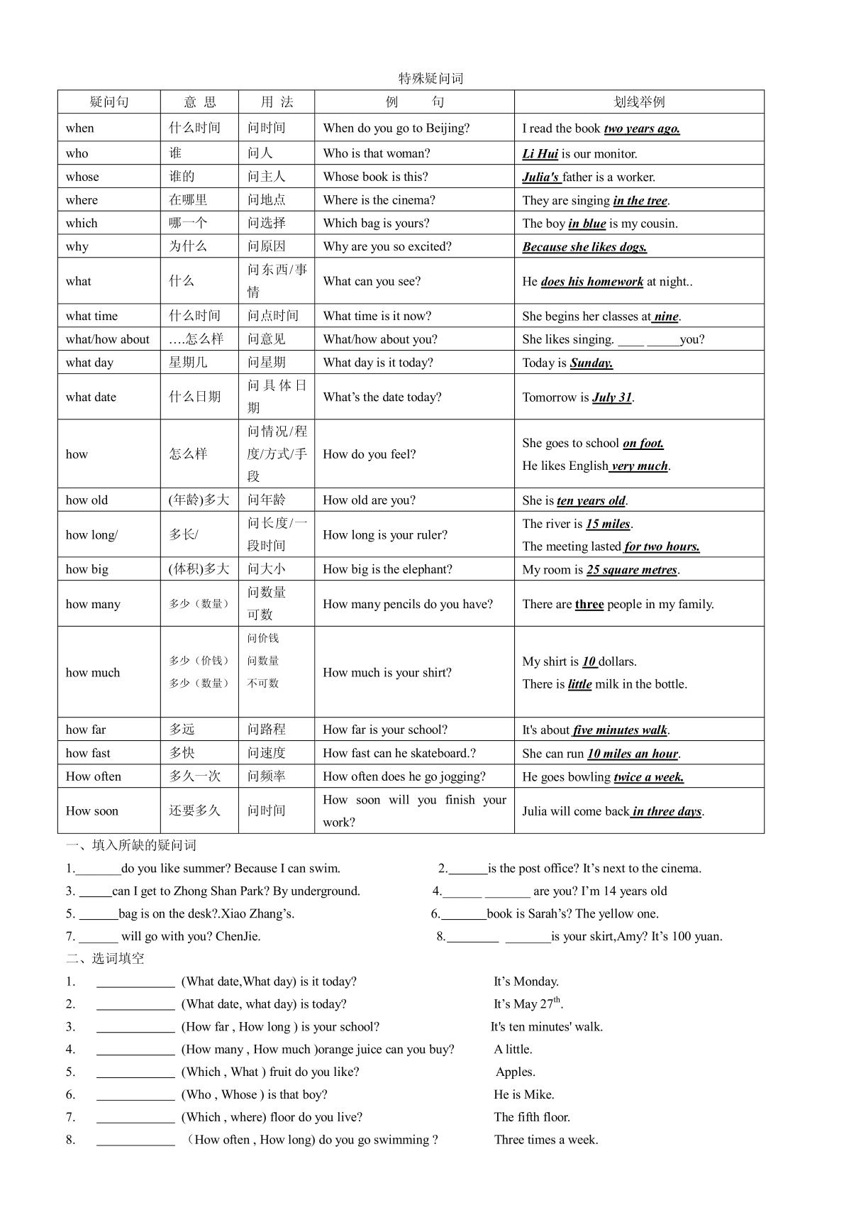 初中英语特殊疑问句练习题(综合) doc