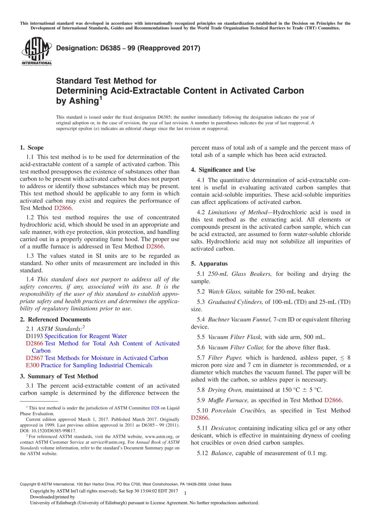 ASTM D6385-99(2017) Standard Test Method for Determining Acid-Extractable Content in Activated Carbon by Ashing