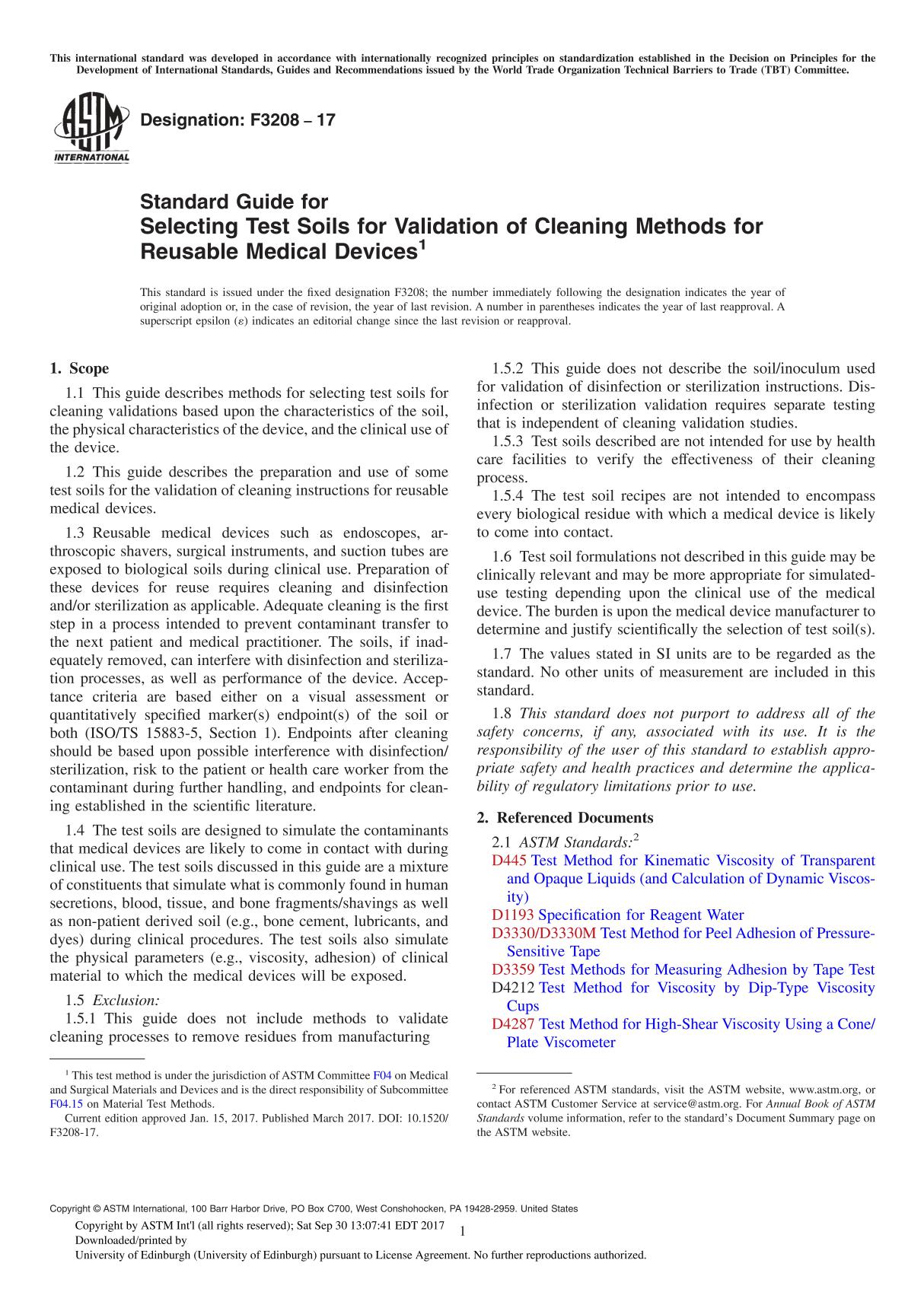 ASTM F3208-17 Standard Guide for Selecting Test Soils for Validation of Cleaning Methods for Reusable Medical Device