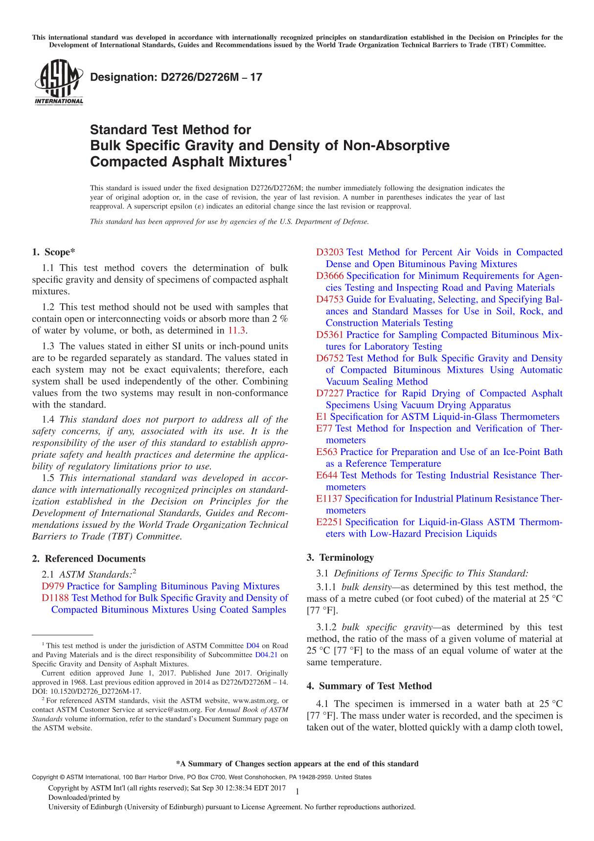 ASTM D2726 D2726M-17 Standard Test Method for Bulk Specific Gravity and Density of Non-Absorptive Compacted Asphalt Mixture