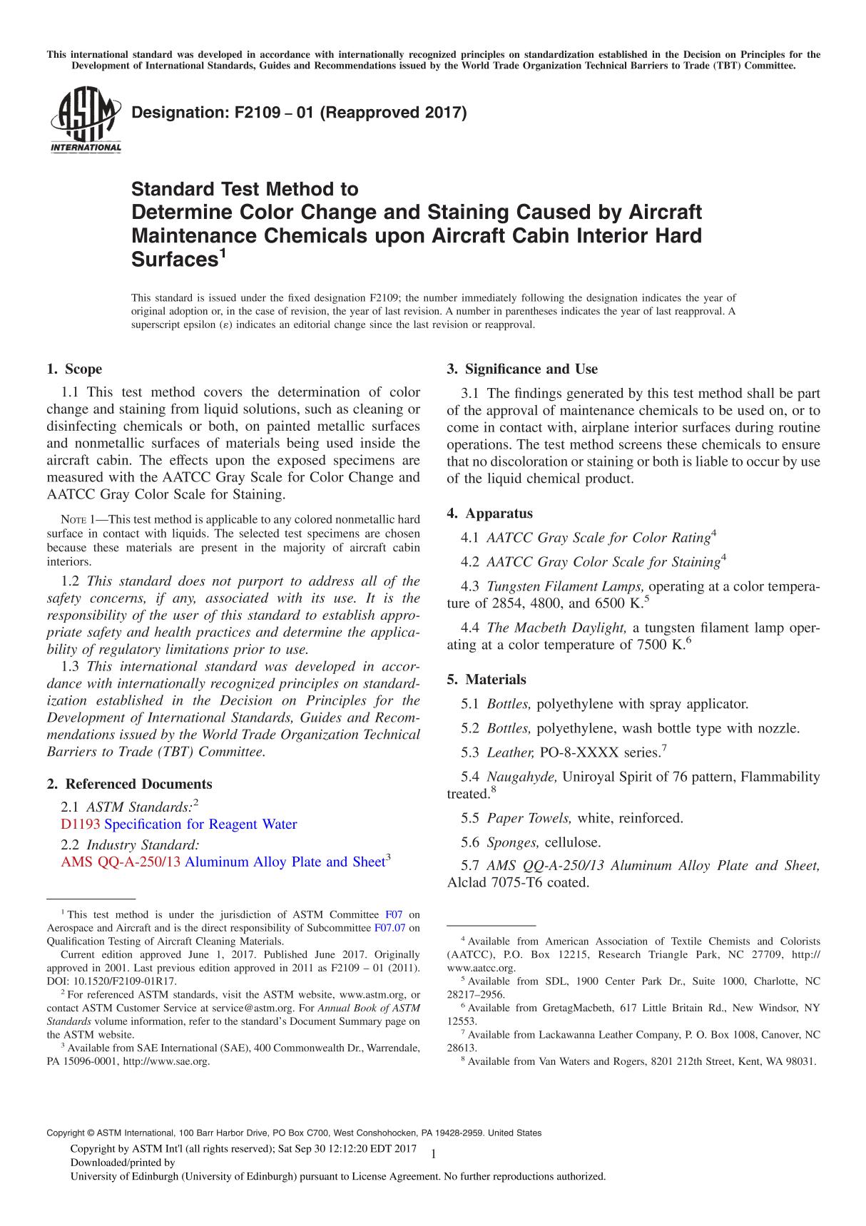 ASTM F2109-01(2017) Standard Test Method to Determine Color Change and Staining Caused by Aircraft Maintenance Chemicals upon Ai