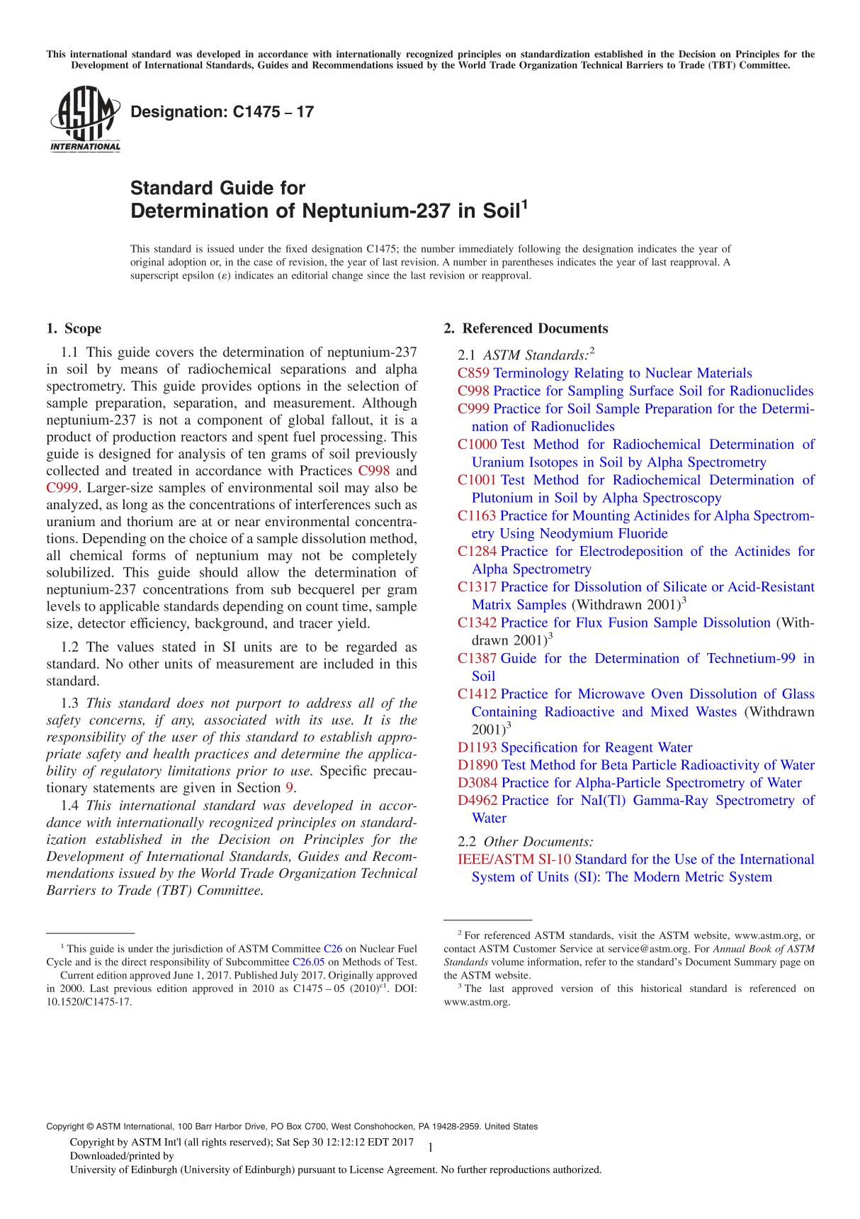 ASTM C1475-17 Standard Guide for Determination of Neptunium-237 in Soil