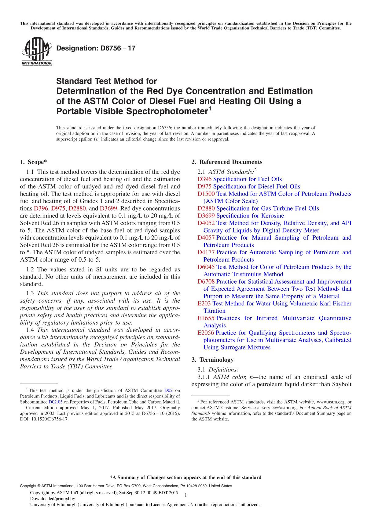 ASTM D6756-17 Standard Test Method for Determination of the Red Dye Concentration and Estimation of the ASTM Color of Diesel Fue