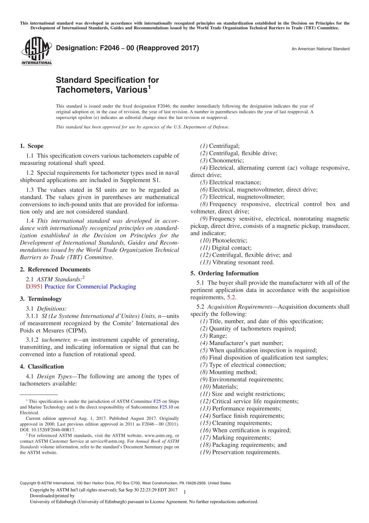 ASTM F2046-00(2017) Standard Specification for Tachometers, Variou