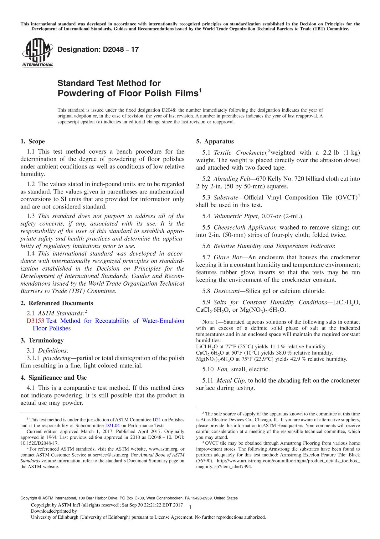 ASTM D2048-17 Standard Test Method for Powdering of Floor Polish Film