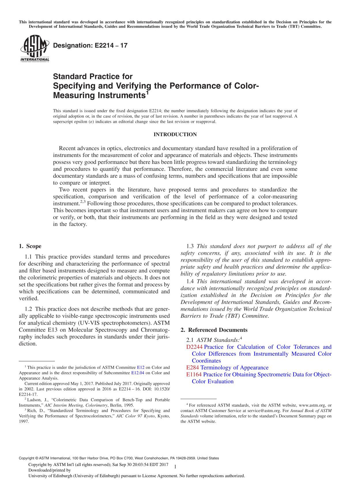 ASTM E2214-17 Standard Practice for Specifying and Verifying the Performance of Color-Measuring Instrument