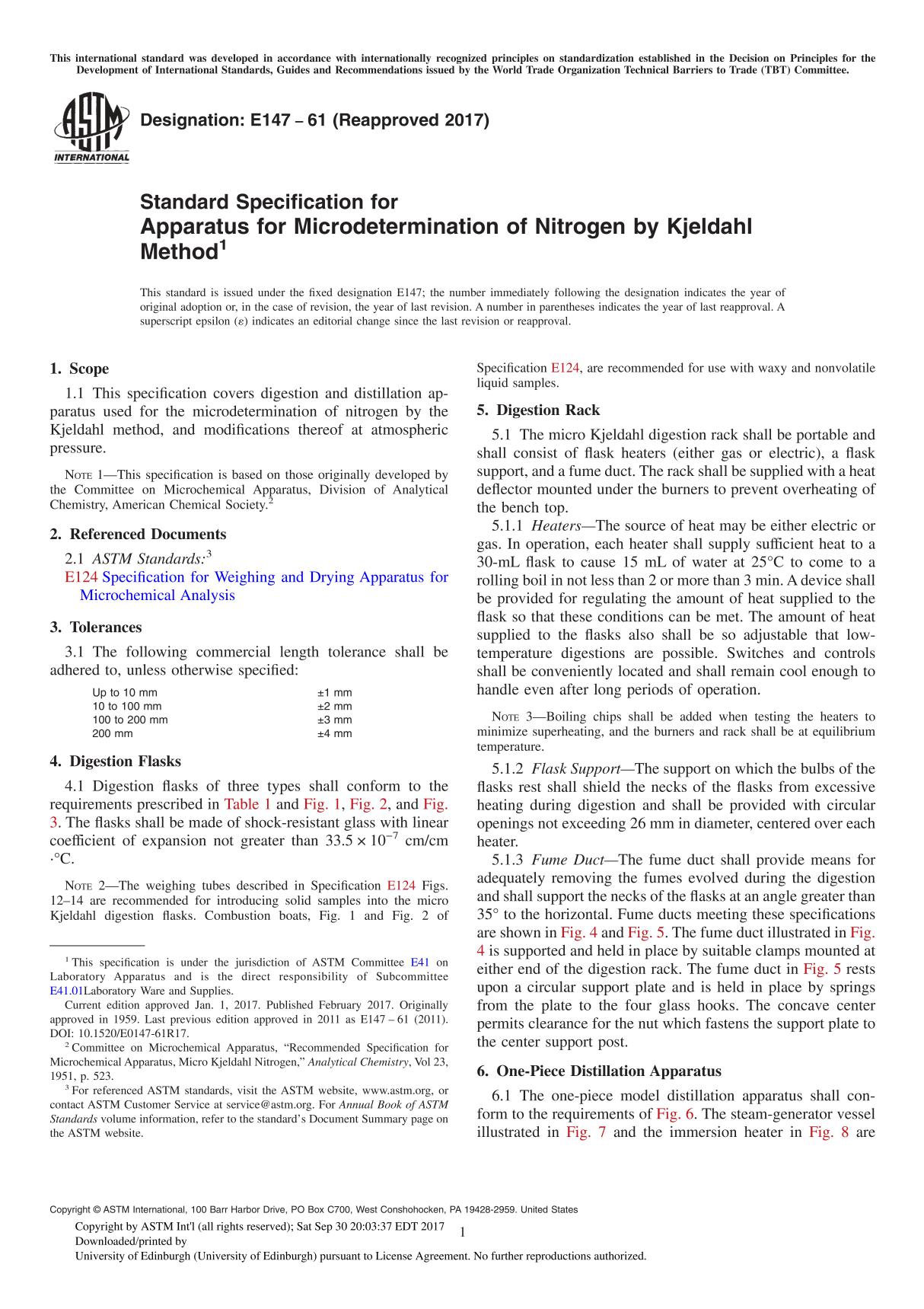 ASTM E147-61(2017) Standard Specification for Apparatus for Microdetermination of Nitrogen by Kjeldahl Method