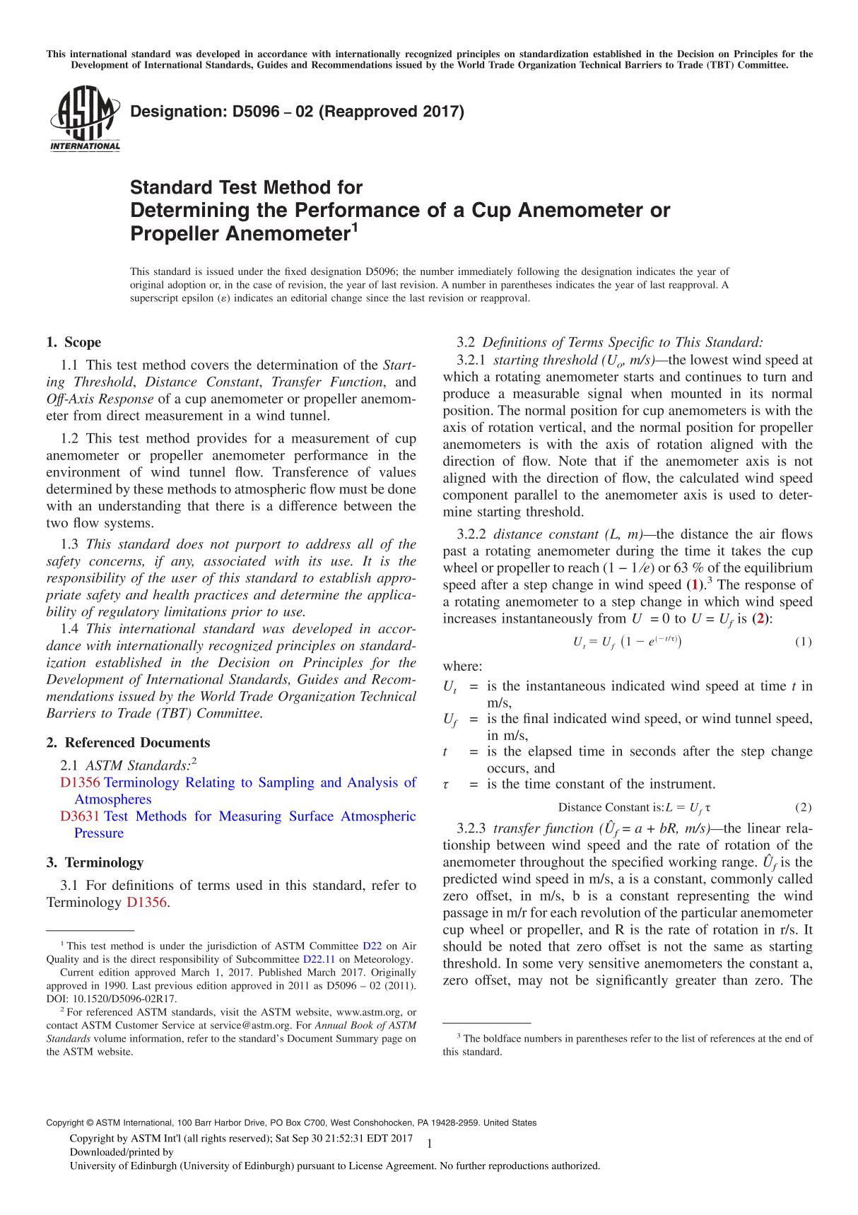 ASTM D5096-02(2017) Standard Test Method for Determining the Performance of a Cup Anemometer or Propeller Anemometer