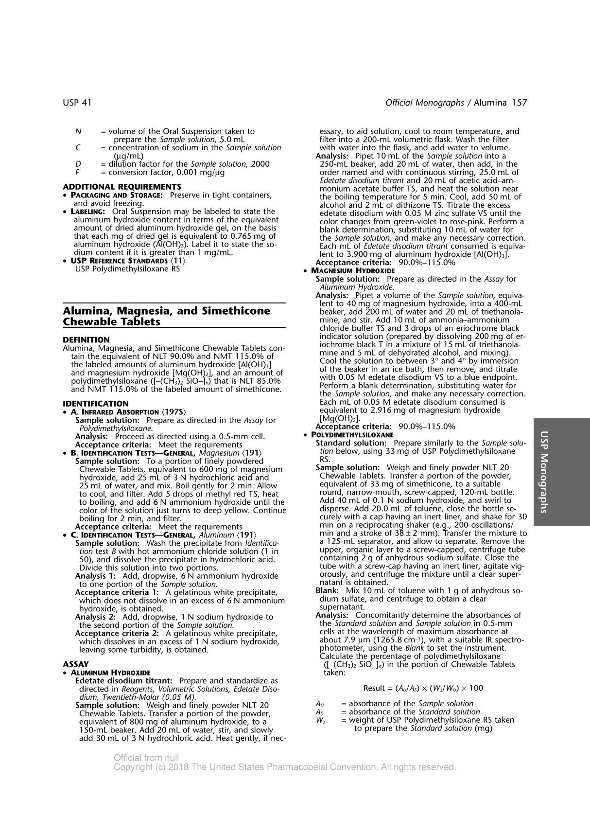 alumina, magnesia, and simethicone chewable tablets 美国药典USP41-NF36