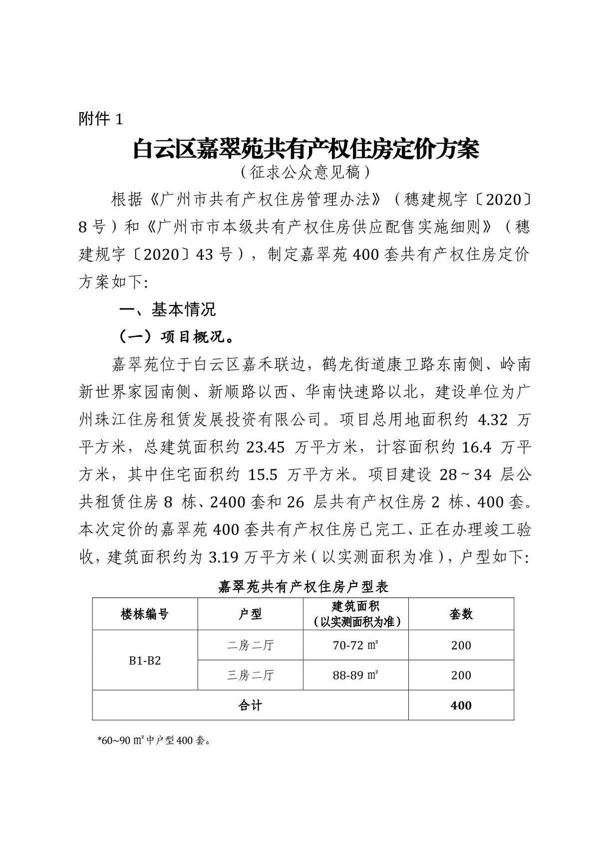 白云区 嘉翠苑 共有产权住房定价方案