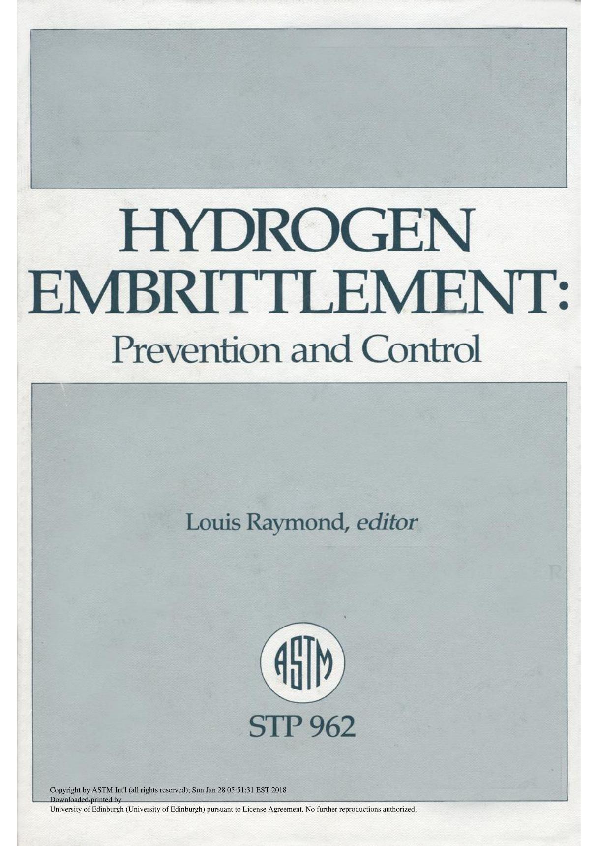 HYDROGEN EMBRITTLEMENT PREVENTION AND CONTROL(ASTM STP962)