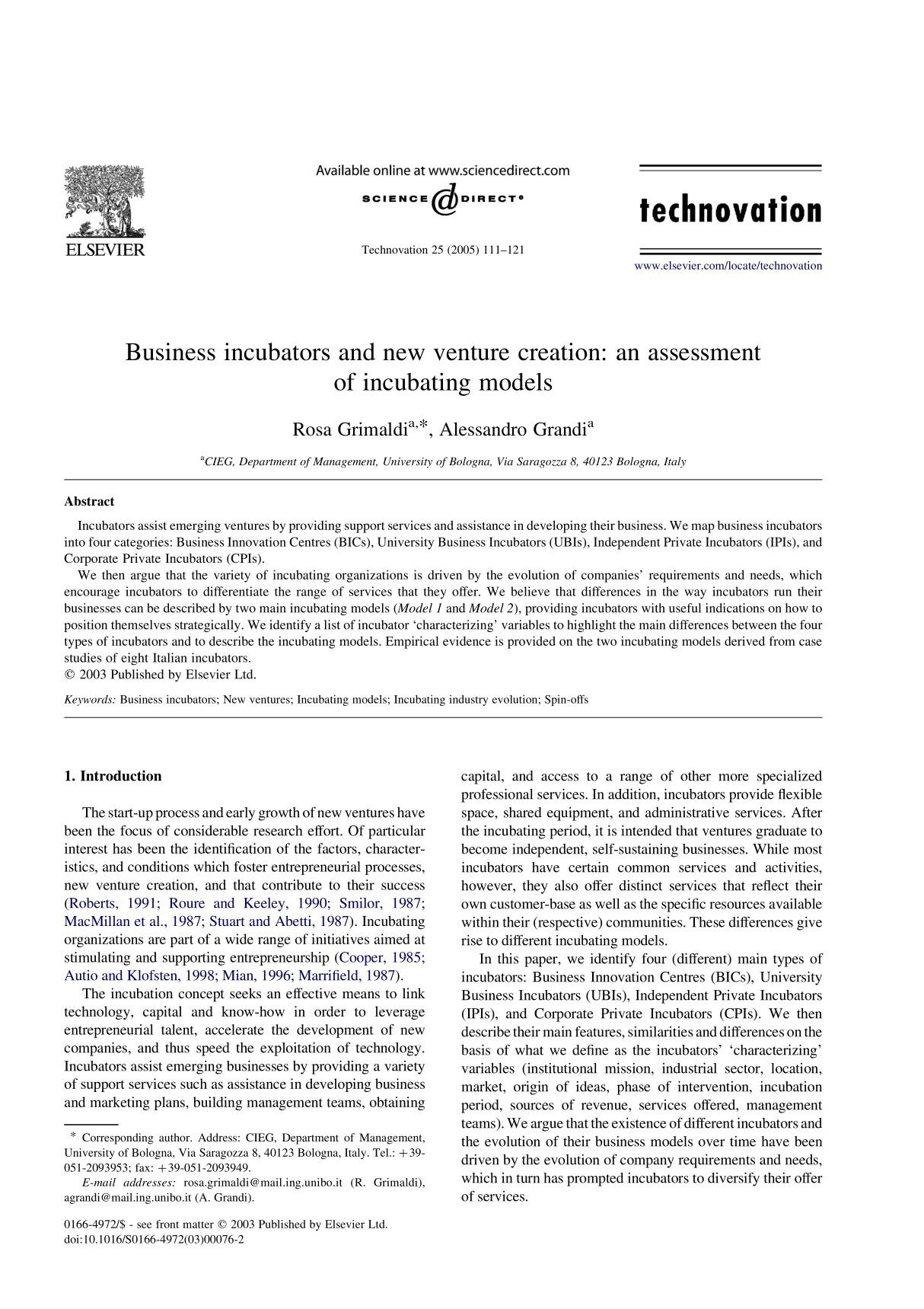 Business-incubators-and-new-venture-creation-an-assessment-of-incubating-models 2005 Technovation