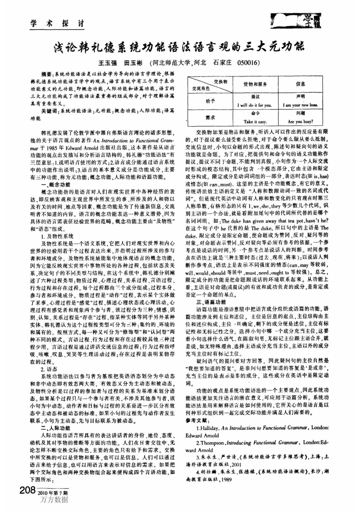 浅论韩礼德系统功能语法语言观的三大元功能